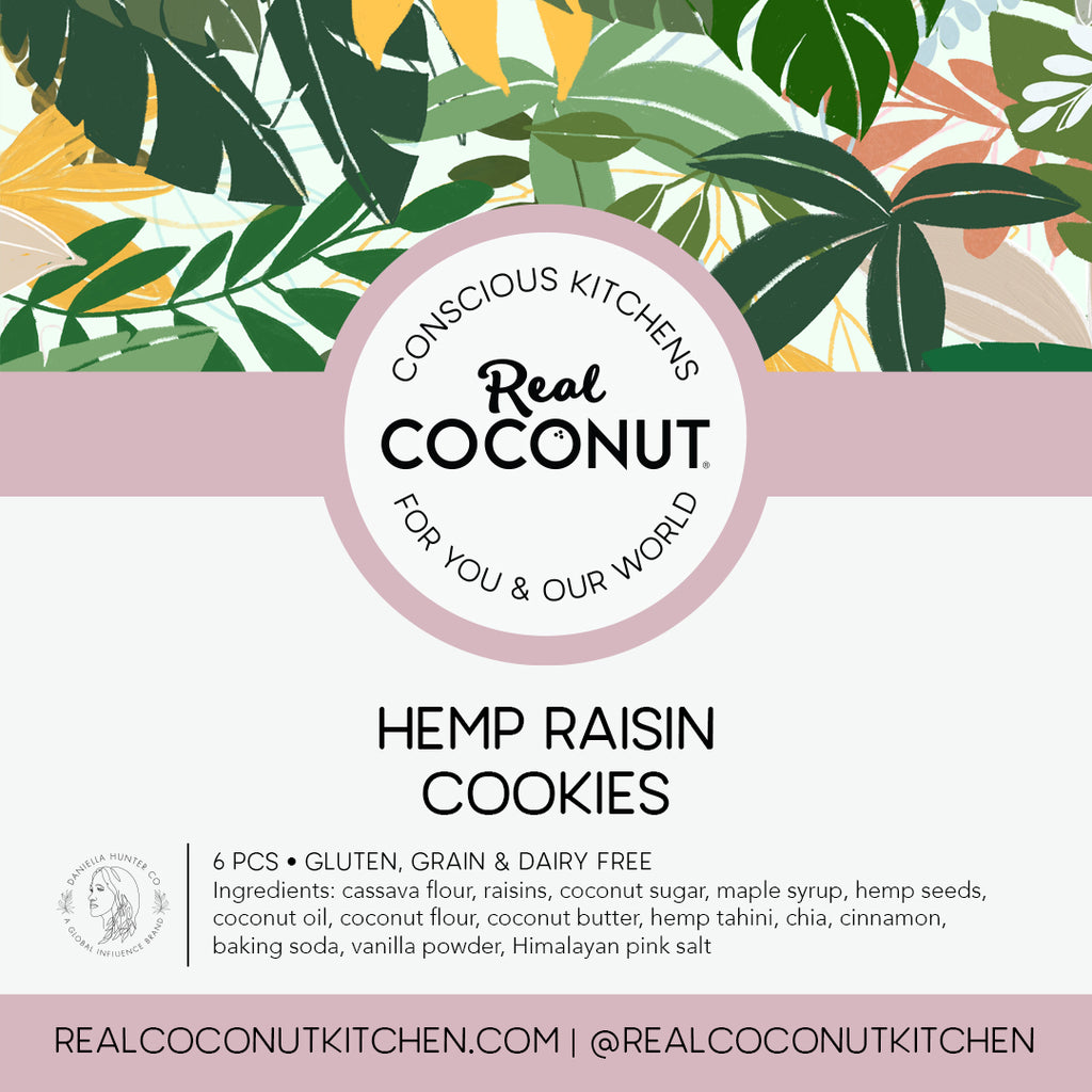 Our signature cookies, made by hand in our Real Coconut Conscious Kitchen with our hero ingredients - coconut, cassava, and hemp, sweetened with coconut sugar and maple syrup.  With an added protein boost from our house-ground hemp tahini.