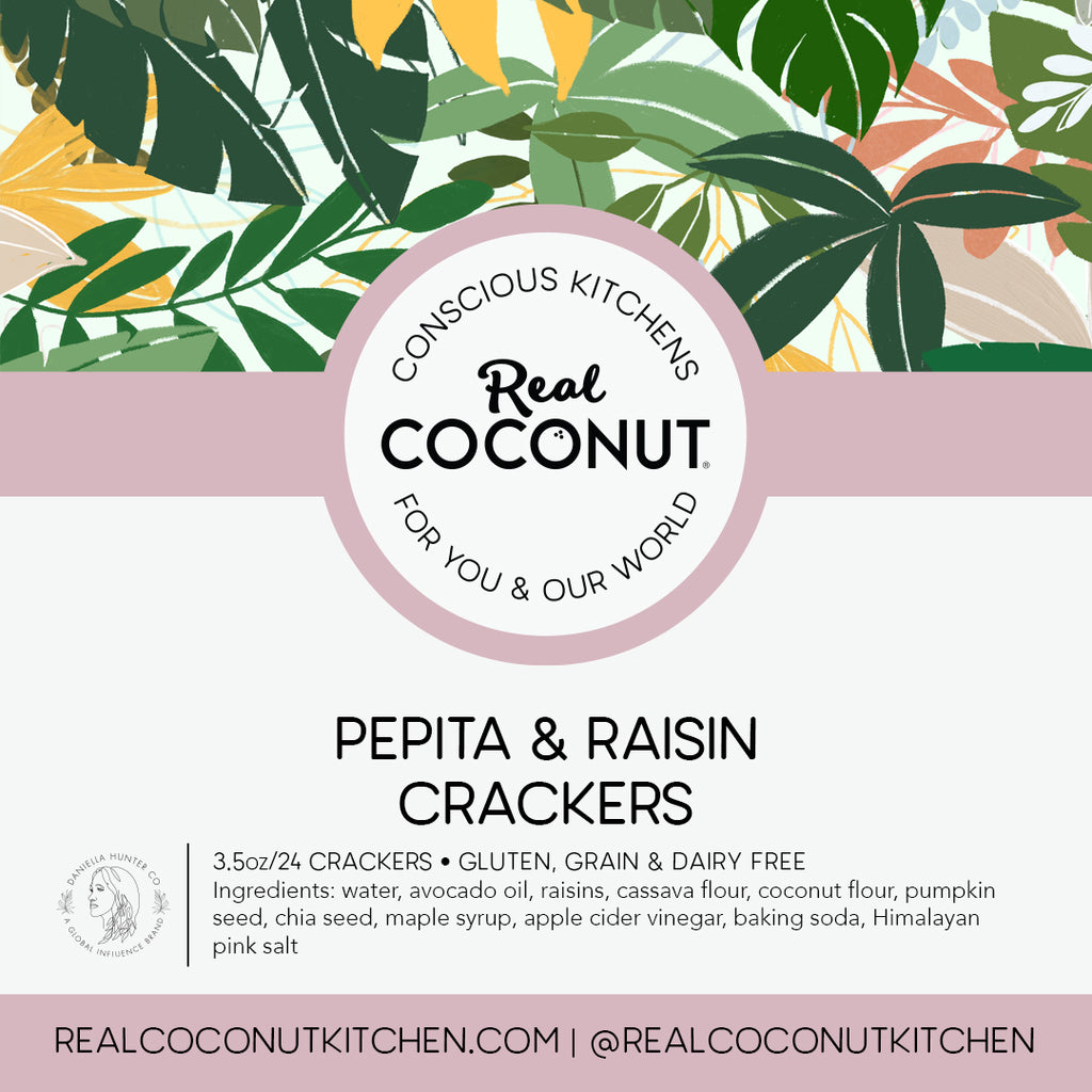 Pepita & Raisin Crackers. There's no stopping once you've started! Perfect to serve with our Plain Coconut Cheese, top with jams, or carry as an emergency snack!